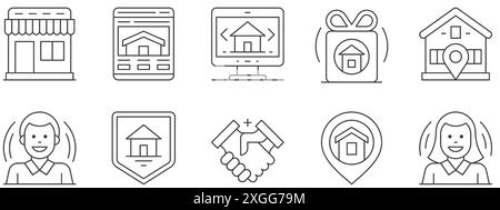 Agence immobilière client agent immobilier affaire boîte cadeau protection Thin line art icônes set illustration vectorielle. Propriété appartement résidentiel affaires comp Illustration de Vecteur