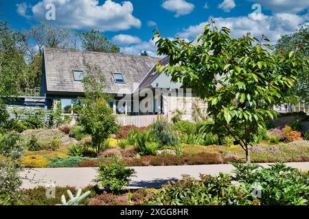 Une maison moderne avec un toit en pente entourée d'un jardin paysager luxuriant avec diverses plantes et arbres. Le ciel est dégagé avec quelques nuages. Banque D'Images