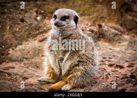 Une suricate posée sur ses pattes arrière sur un sol sablonneux avec un fond rocheux, Doncaster, Yorkshire, Angleterre, Royaume-Uni, Europe Banque D'Images