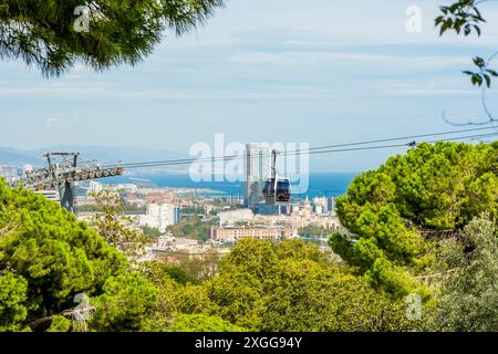 Le téléphérique Montjuic téléphérique surplombant Barcelone, Catalogne, Espagne, Europe Banque D'Images