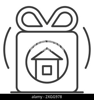 Boîte cadeau vente immobilière acheter acheter célébrer l'illustration vectorielle d'icône d'art de ligne mince. Cottage House propriété appartement résidentiel achetant propriétaire Illustration de Vecteur