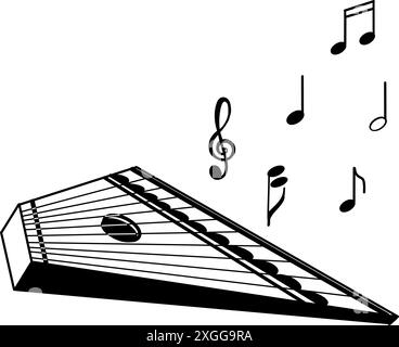 Gusli et notes, mélodie, instrument de musique folk. Illustration vectorielle. Tous les objets sont dessinés à la main en noir en vecteur. Convient pour l'impression Illustration de Vecteur