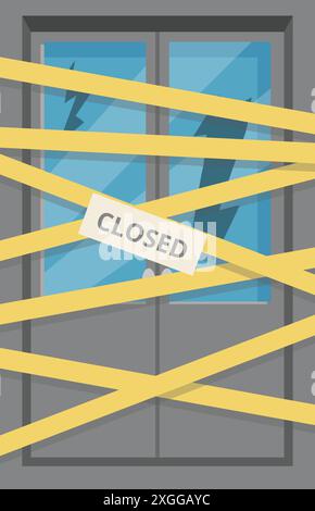 Illustration d'une porte de magasin fermée, montrant du verre brisé et du ruban d'avertissement, illustrant le concept de faillite Illustration de Vecteur