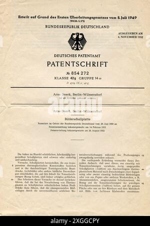 Documents, brevet, spécification de brevet numéro 854272, Office allemand des brevets, enregistrement d'images, EXTRA-RIGHTS-LEARANCE-INFO-NOT-AVAILABLE Banque D'Images