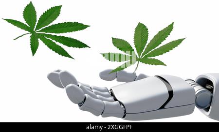 le rendu 3d d'un bras robotique atteint une feuille de cannabis, symbolisant les avancées technologiques dans l'industrie du cannabis. Banque D'Images