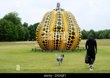 Kensington Gardens, Londres, Royaume-Uni. 9 juillet 2024. La citrouille de Yayoi Kusama (2024) dévoilée dans le jardin de Kensington Credit : Matthew Chattle/Alamy Live News Banque D'Images