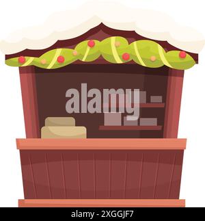 Kiosque en bois du marché de Noël avec des cadeaux sur des étagères décorées de guirlande et de neige sur le toit Illustration de Vecteur