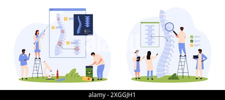 Diagnostic des maladies rachidiennes, rééducation orthopédique et kit de traitement manuel. Les personnes minuscules recherchent xray de la colonne vertébrale humaine avec la douleur chronique, travaillent avec l'épine dorsale et l'illustration vectorielle de dessin animé de blessure Illustration de Vecteur
