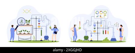 Science expérience en génétique et chimie par les scientifiques Set. Les personnes minuscules recherchent les pousses vertes avec une loupe, étudient la réaction du liquide chimique dans l'illustration vectorielle de dessin animé de laboratoire Illustration de Vecteur