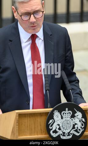 Sir Keir Starmer - premier ministre britannique - s'exprimant à Downing Street lors de son premier jour en tant que premier ministre, le 5 juillet 2024 Banque D'Images