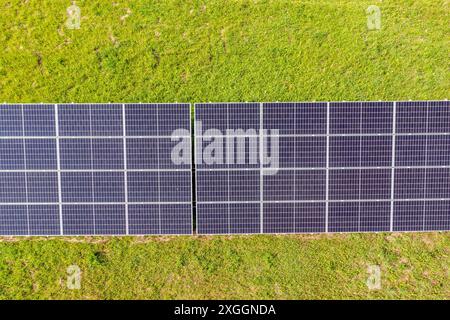 Panneaux solaires disposés en rangées, sur un champ d'herbe. Banque D'Images