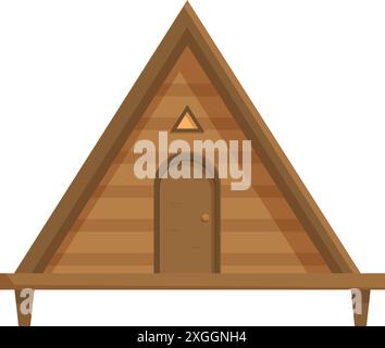 Petite cabane en bois debout sur quatre pieds avec un toit triangulaire, une petite fenêtre triangulaire et une porte en bois avec une poignée ronde Illustration de Vecteur