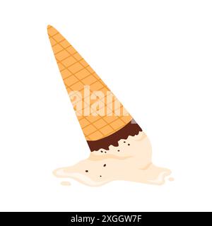 Goutte de crème glacée, fondu une boule de gelato vanille dans l'illustration vectorielle de cône de gaufre Illustration de Vecteur