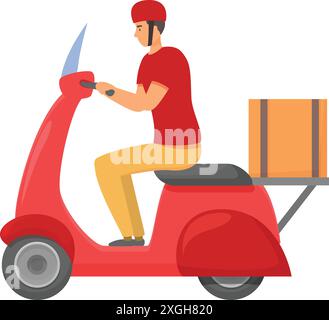 Livreur portant une chemise rouge et un casque conduisant un scooter rouge colis de livraison Illustration de Vecteur
