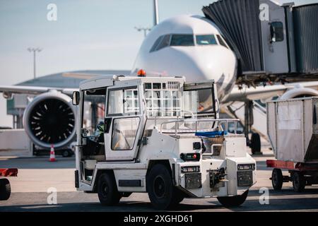 Avion de préparation à l'aéroport. Chargement de conteneurs de fret à l'avion le jour ensoleillé. Thèmes aviation, logistique et transport. Banque D'Images