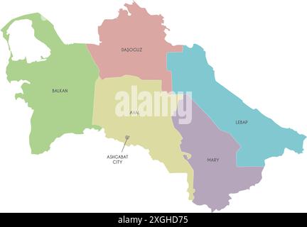 Carte vectorielle régionale du Turkménistan avec les provinces, le district de la capitale et les divisions administratives. Calques modifiables et clairement étiquetés. Illustration de Vecteur