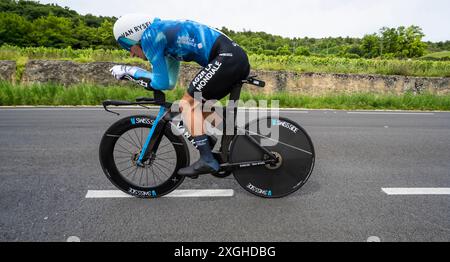 Nans Peters, Decathlon AG2R la mondiale, 2024 Tour de france étape 7 chronométré de nuits-Saint-Georges à Gevrey-Chambertin, Bourgogne, France. Banque D'Images