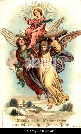 Noël, carte de voeux, bébé Jésus porté par des anges volants, carte postale photo, B. Kühlen, DROITS-SUPPLÉMENTAIRES-AUTORISATION-INFO-NON-DISPONIBLE Banque D'Images