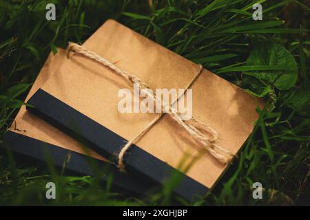 Les cahiers en carton brun simple naturel Kraft reposent sur la vue de dessus de l'herbe verte. Biens pour l'école et l'apprentissage. Agendas écologiques en papier côtelé. Banque D'Images