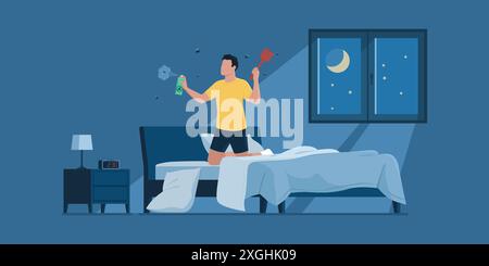 Homme en colère tuant des moustiques la nuit dans sa chambre à coucher en utilisant un répulsif pulvérisé Illustration de Vecteur