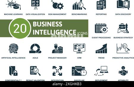 Jeu d'icônes Business Intelligence. Apprentissage automatique, visualisation des données, gestion des risques, analyse comparative, reporting, découverte des données, traitement des événements Illustration de Vecteur