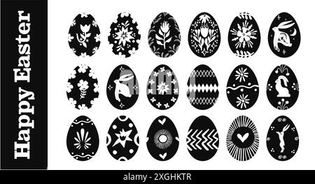 Ensemble d'œufs Linocut Happy Easter noir et blanc Illustration de Vecteur