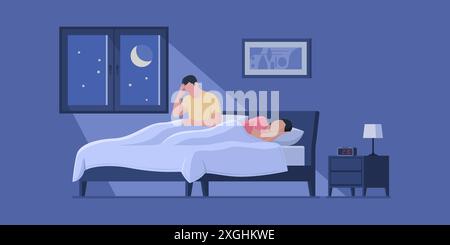 Homme stressé souffrant d'insomnie, sa femme dort à côté de lui Illustration de Vecteur