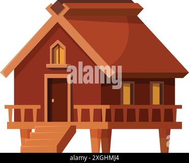 Maison sur pilotis en bois brun debout sur poutres de soutien avec porche et escaliers, bungalow tropical traditionnel Illustration de Vecteur