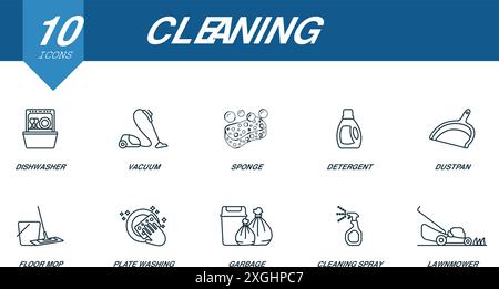 Nettoyage des icônes de contour définies. Icônes créatives : lave-vaisselle, aspirateur, éponge, détergent, pelle, balai à franges, lavage des assiettes, ordures, spray nettoyant Illustration de Vecteur