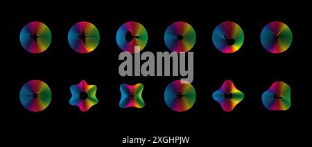 Égaliseurs de musique et ondes sonores. Ensemble vectoriel de courbes radiales spectre d'oscillations d'ondes radio. Onde sonore néon multicolore de cercles audio Illustration de Vecteur