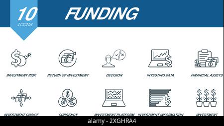 Icônes de financement définies. Icônes créatives : risque d'investissement, retour sur investissement, décision, données d'investissement, actifs financiers et plus encore Illustration de Vecteur