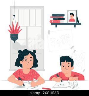 Les enfants étudient à la maison, mignonne petite fille heureuse est l'école à la maison sur ordinateur portable se connecter à Internet à la maison. Concept de studyin à distance du confort Illustration de Vecteur