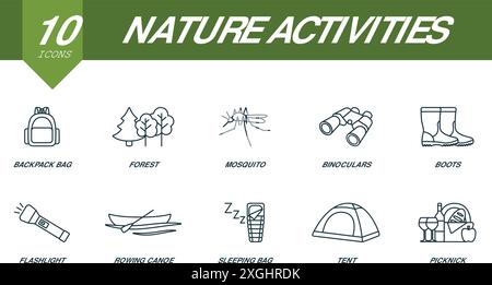 Ensemble d'icônes de contour des activités dans la nature. Icônes créatives : sac à dos, forêt, moustique, jumelles, bottes, lampe de poche, canot d'aviron, sac de couchage, tente Illustration de Vecteur