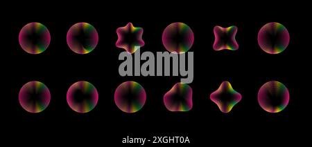 Ensemble abstrait de cercles néon. Cadres circulaires à gradient avec lignes courbes dynamiques ondulées et espace de copie à effet luisant. Logo vectoriel sur sombre Illustration de Vecteur