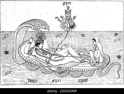 Religion, hindouisme, Vasuki, Vishnu comme Narayana et Lakshmi sur le monde serpent Ananta, LE DROIT D'AUTEUR DE L'ARTISTE N'A PAS À ÊTRE EFFACÉ Banque D'Images