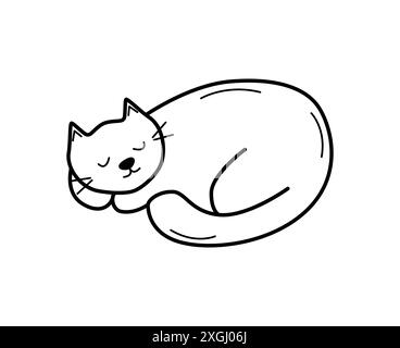 Chat de dessin animé mignon dort. Illustration vectorielle de doodle d'un chat animal drôle. Isoler sur blanc. Banque D'Images