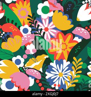 Motif floral sans couture. Couleurs printanières, végétation variée, champignons cachés, feuilles et nombreuses fleurs. Illustration de Vecteur