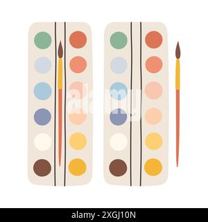 Ensemble de peintures brillantes dans une boîte avec pinceau. Palette colorée. Outils et accessoires pour designer, illustrateur, artiste. Illustration de Vecteur