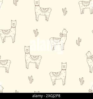 Motif sans couture de lamas mignons et de cactus. Illustration vectorielle du fond d'écran drôle d'animaux. Banque D'Images