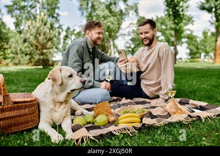 Un couple gay barbu profite d'un pique-nique dans un parc verdoyant avec son chien labrador. Banque D'Images