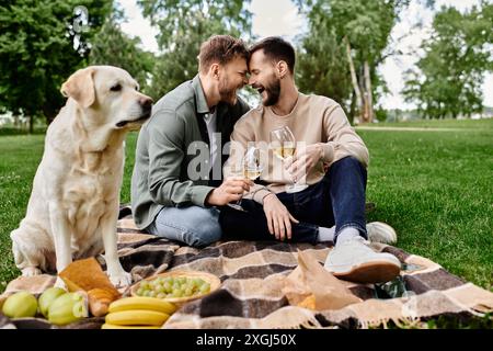 Un couple gay barbu profite d’un pique-nique avec son labrador dans un parc verdoyant, partageant un toast et un rire. Banque D'Images