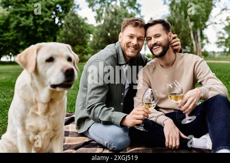 Un couple gay barbu profite d'un pique-nique avec son labrador dans un parc verdoyant. Ils sourient et tiennent des verres de vin. Banque D'Images