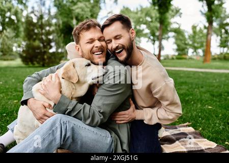 Un couple gay barbu partage un rire avec son chien labrador tout en profitant d’un pique-nique dans un parc verdoyant. Banque D'Images