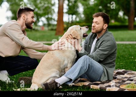 Un couple gay barbu profite d'un pique-nique avec leur labrador retriever dans un parc verdoyant. Banque D'Images