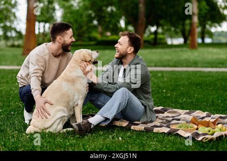 Un couple gay barbu profite d'un pique-nique avec son chien labrador dans un parc. Les hommes rient et caressent leur chien, créant une scène réconfortante. Banque D'Images