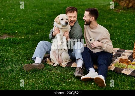 Un couple gay barbu profite d’un pique-nique avec son chien labrador dans un parc verdoyant, riant et partageant un moment spécial. Banque D'Images