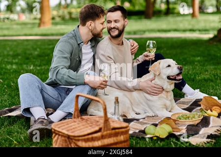 Un couple gay barbu profite d’un pique-nique dans un parc verdoyant avec son chien labrador, partageant vin et sourires. Banque D'Images