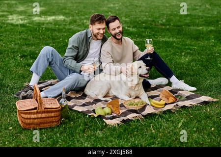 Un couple gay barbu profite d'un pique-nique dans un parc verdoyant avec leur Labrador Retriever. Ils sont assis sur une couverture et boivent du vin pendant que leur chien re Banque D'Images