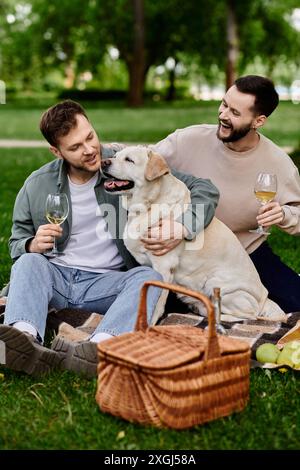 Un couple gay heureux profite d'un pique-nique avec leur labrador dans un parc verdoyant. Banque D'Images