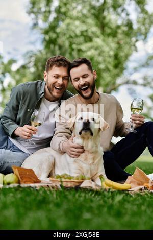 Un couple gay barbu profite d'un pique-nique avec leur Labrador retriever dans un parc verdoyant, partageant rire et un verre de vin. Banque D'Images